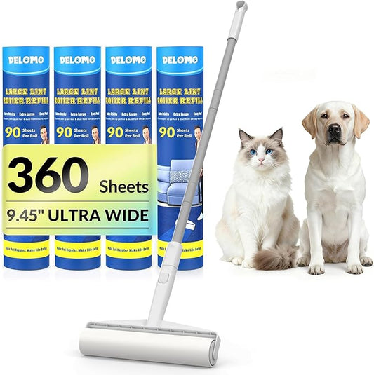 Large Lint Roller for Floors Carpet Furniture Bed – 9.45" Wide Extra Sticky Pet Hair Remover, 4 Refills 360 Sheets Value Pack, Long Handle for No-Bending Cleaning –Ideal for Dog Cat Owners Homes