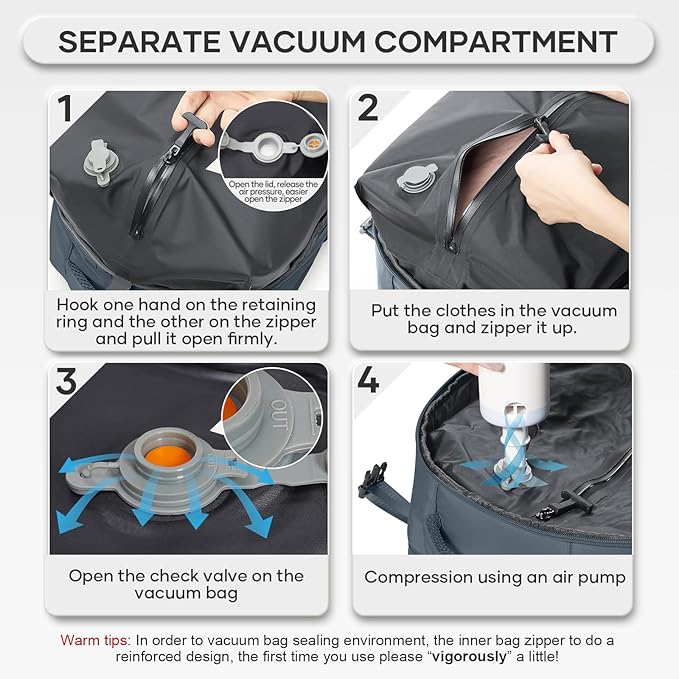 Vacuum Compression Backpack, Travel Vacuum Backpack with Electric Vacpack Pump, Flight Approved Carry On Personal Item Suitcase Luggage for Men Women, Dark Blue, Large