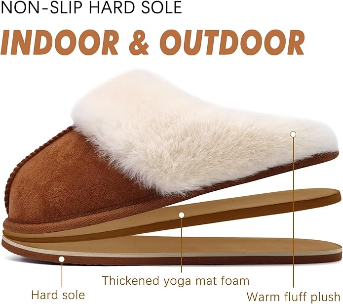 KuaiLu Womens Fluff Dual Memory Foam Slippers Ladies Cozy Arch Support Warm Scuff Slippers Slip on Comfy Winter House Shoes with Non-Slip Indoor Outdoor Hard Sole