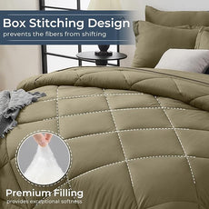 HEVUMYI Olive Green Queen Comforter Set - 7-Piece All Season Bed in a Bag Queen, Ultra Soft Bedding Set with Comforter, Flat Sheet, Fitted Sheet, Pillowcases, Pillow Shams, Olive Green