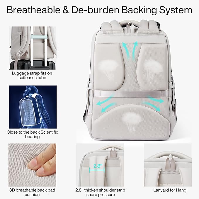 Hanke Expandable Travel Backpack 17 Inch, Full-Open Laptop Backpack Fits 15.6 Inch, Carry On Personal Item Bag with Luggage Strap, Business Work Backpack for Women Men, Greyish White