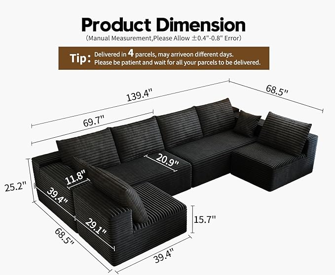 139.4" Modular Sectional Sofa, U-Shaped Minimalist Couches with 2 Middle Seats, Modern Deep Seat Convertible Sleeper Sofa Bed,Cloud Plush Corduroy Fabric, No Assembly Required, 6 Seater, Black