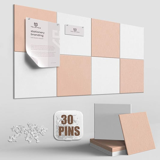 TSJOFFICE Large Cork Board for Wall - 48" x 24" Bulletin Board with 30 Pushpins for Office Decor, Pin Board 8 Pack Felt Tiles with Safe Removable Adhesive Tabs, Corkboard for Home - Cinnamon & White