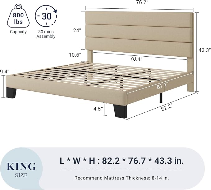 Allewie King Size Platform Bed Frame with Fabric Upholstered Headboard and Wooden Slats Support, Fully Upholstered Mattress Foundation/No Box Spring Needed/Easy Assembly, Beige