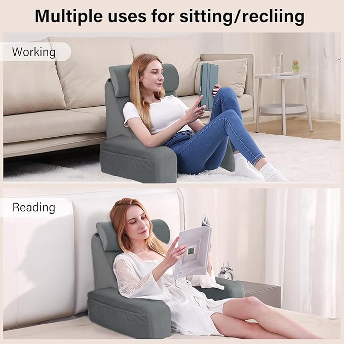 ENITYA 19" Back Support Pillow,Reading Pillow with Built-in Arms & Large Pockets, Removable Washable Cover, Wedge for Sitting,Reclining,Watching TV,Post Surgery in Bed,Couch or Floor,Medium Firm,Grey