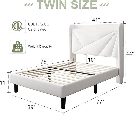 Feonase Twin Size Bed Frame with Charging Station, Upholstered Linen Bedframe with Wingback Headboard, Solid Wood Slats Support, No Box Spring Needed, Noise Free, White