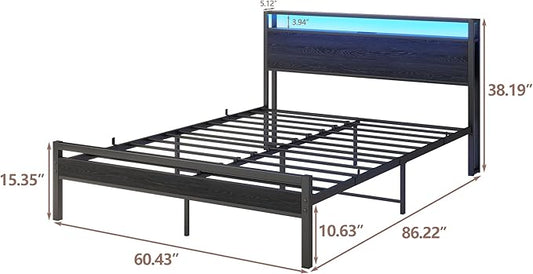 Queen Bed Frame With Storage Headboard/LED Lights, Metal Platform With Charging Station, No Box Spring Needed, Heavy Duty Slats, No Noise, Black