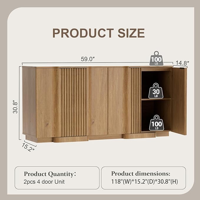 Yechen Buffet Cabinet with Storage, 118" Accent Sideboard Modern Credenza Set of 2 with Doors & Adjustable Shelves Fluted Media Console Wood Coffee Bar Table for Living Kitchen Dining Room