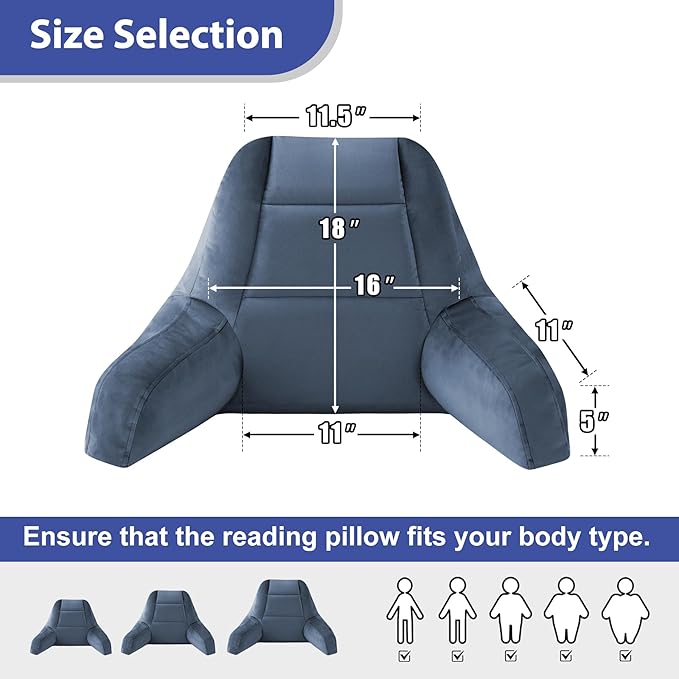 Reading Pillows for Sitting in Bed Adult, Back Pillow for Bed Sitting Up, Backrest Pillows with Shredded Foam for Adult&Teens, Support Pillow with Arms for Beds, Couch, Floor, 18in, Navy Blue