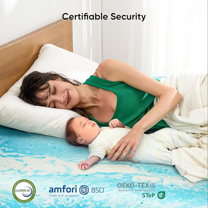 Marsail 2-inch Queen Memory Foam Mattress Topper, Gel Infused Cooling, Pressure Relief, Soft Yet Supportive, Blue, CertiPUR-US Certified