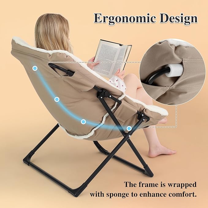 Comfy Saucer Chair for Adults, Soft Faux Fur Bedroom Chair, Accent Dorm Chairs, Flexible Living Room Reading Chairs, Oversized Folding Lounge Seat for Teens, X-Large, White