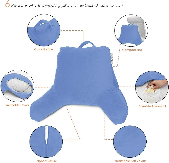 Nestl Reading Pillow with Shredded Memory Foam, Designed for Sitting Up in Bed and Couch, Back and Arms Adjustable Support for Adult & Teens Backrest Pillows for Reading, with Washable Cover Calm Blue