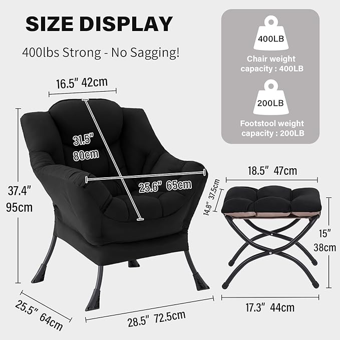 Tiita Lazy Chair with Ottoman, Modern Large Accent Lounge Armchair, Comfy Leisure Sofa Reading Chair with Footrest for Bedroom, Living Room, Dorm Rooms, Garden and Courtyard, Black