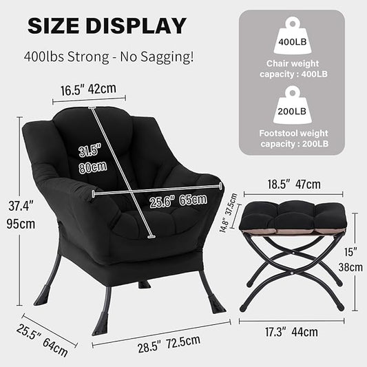 Tiita Lazy Chair with Ottoman, Modern Large Accent Lounge Armchair, Comfy Leisure Sofa Reading Chair with Footrest for Bedroom, Living Room, Dorm Rooms, Garden and Courtyard, Black