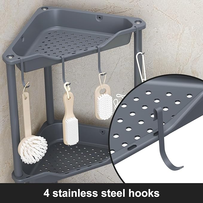 Orimade Rustproof 3 Tier Floor Standing Corner Shower Caddy Organizer, Plastic Metal Splicing Floor Corner Shelf Rack Stands for Bathroom, Grey