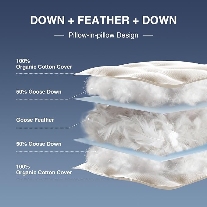 UNIKOME White Goose Down Feather Pillows - 100% Organic Cotton Cover - King Size Pillow Set of 2, Made in Japan Pillow for Sleeping