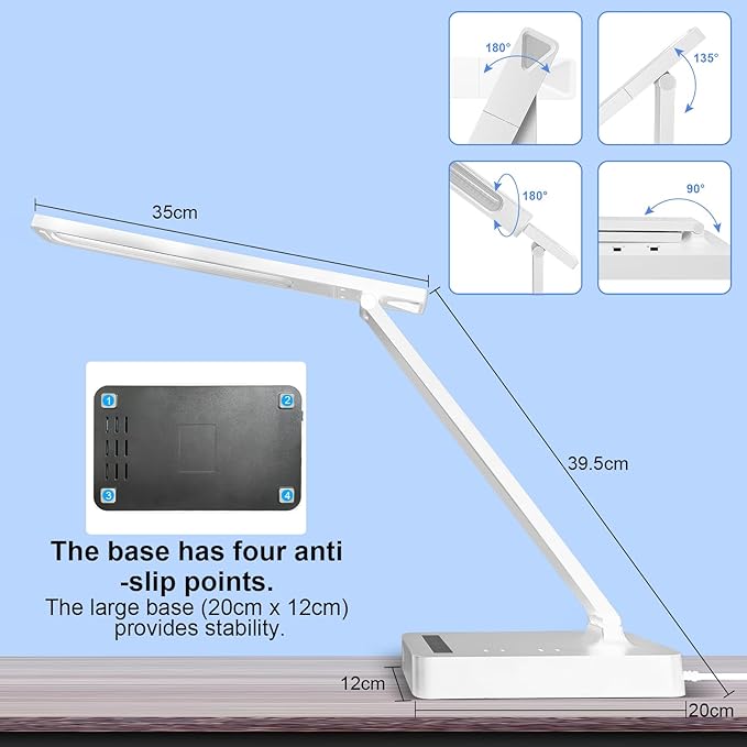 Smart Desk Lamp with 4-in-1 Charging Station (2 AC outlets, Type-C, USB-A Ports), 5 Color temperatures and 5 Brightness Levels, Adjustable gooseneck arm, Eye-Friendly Lighting for desks, bedrooms