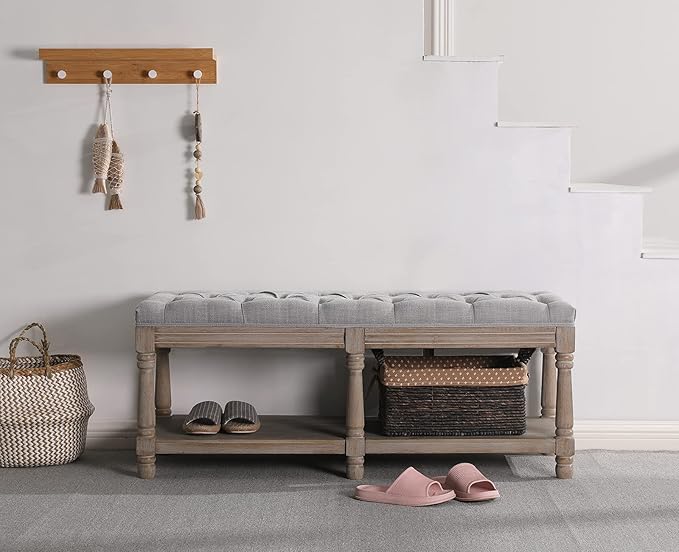 chairus Shoe Rack Bench Storage Vintage Bedroom Padded Bench Seat End of Bed, Fabric Tufted Farmhouse French Entryway Bench with Wood Legs for Hallway Foyer, Gray