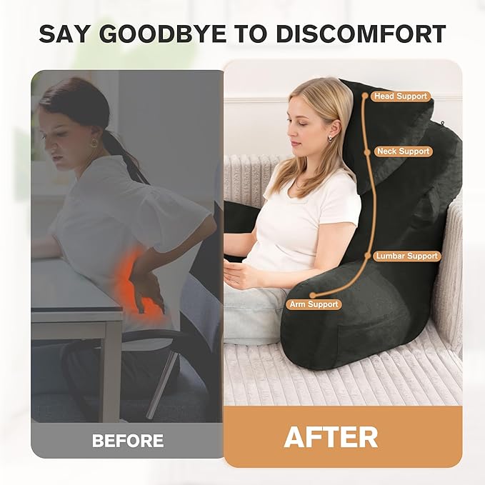 Portable Reading Pillows with Headrest for Bed Sitting Up(Grey Oeko-Tex), Velvet Back Pillow with Arms & Pockets for Adults, Support Memory Foam Bed Pillow for Dorm/Reading/Watching/Gaming