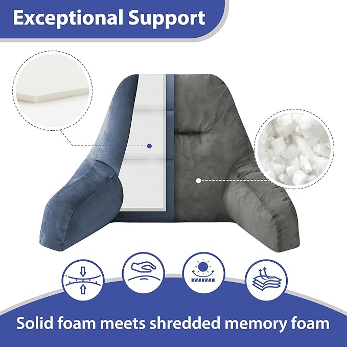 Reading Pillows for Sitting in Bed Adult, Back Pillow for Bed Sitting Up, Backrest Pillows with Shredded Foam for Adult&Teens, Support Pillow with Arms for Beds, Couch, Floor, 18in, Navy Blue