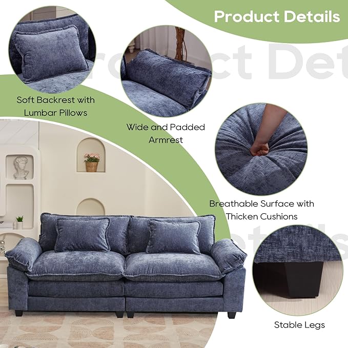 86" Modular Sectional Sofa, Comfy Cloud Couch Sectional Sofa, Chenille Sofa Sleeper Deep Seat Sofa with Throw Pillows for Living Room (Blue, 86"- Loveseat)