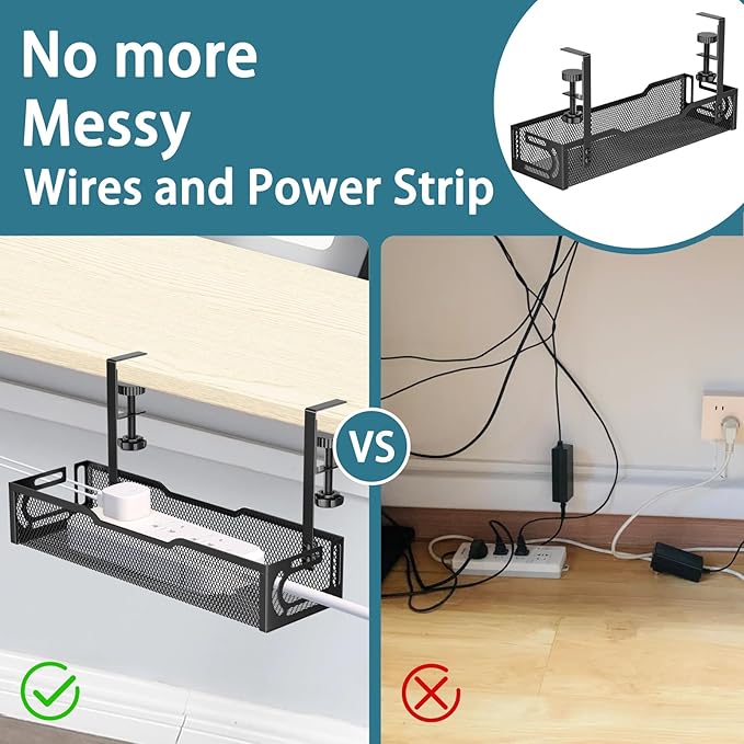 2Pack Under Desk Cable Management Tray, No Drill Mesh Desk Cable Tray, Wire Management Tray Cable Management Rack, Wire Organizer and Cable Management Box (Black)