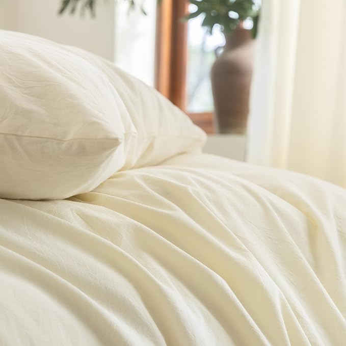 FOSSA Duvet Cover Set 100% Washed Cotton Linen Feel Super Soft Breathable Cozy 3 Pieces Bedding Sets Solid Cream White Twin
