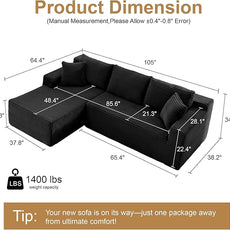 105''Sectional Cloud Couch with L Shaped Chaise,Modern Modular Sectional Sofa,Comfy Sectional Couches for Living Room,Bedroom,Apartment (Black, 105''W Left Facing Chaise)