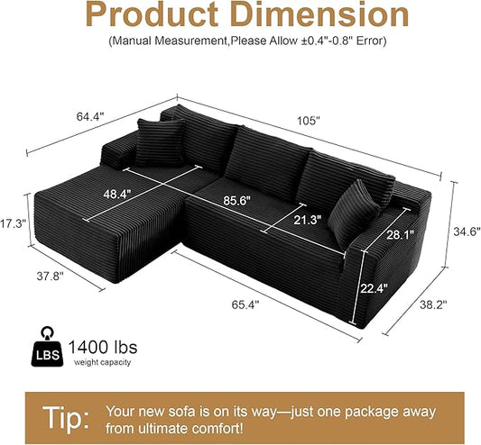 105''Sectional Cloud Couch with L Shaped Chaise,Modern Modular Sectional Sofa,Comfy Sectional Couches for Living Room,Bedroom,Apartment (Black, 105''W Left Facing Chaise)