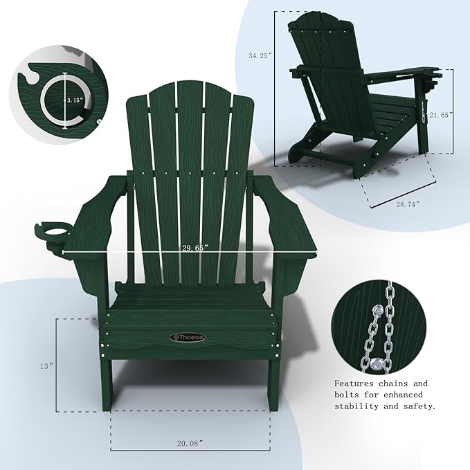 Adirondack Chair Set of 4, Folding All-Weather Outdoor HDPE Patio Chair with Cup Holder, Green