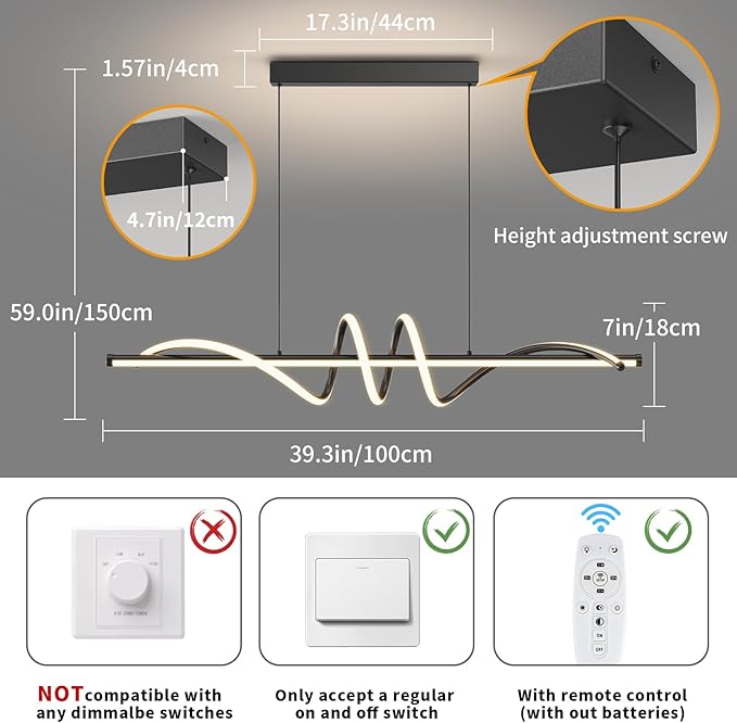 Modern LED Pendant Lights, 39in Chandelier Dimmable with Remote Control 3000k-6000K Adjustable Color Temperature, Aluminum Island Lighting Lamp Fixture for Kitchen, Dining Room, Billiard Room