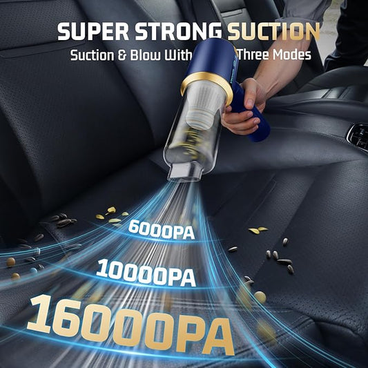 Car Handheld Vacuum Cordless: Car Vacuum Cleaner with 16000Pa Ultra-Strong Suction, Brushless Motor & HEPA Filter - Lightweight Design for Drivers and Office Workers - Blue