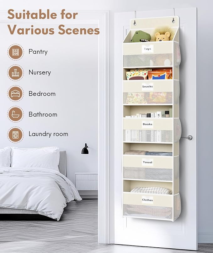 Over The Door Organizer Hanging, 2 Pack 5 Shelf Behind The Doors Storage, Pantry Door Organizer, Closet Organizers for Bedroom and Nursery (Beige)
