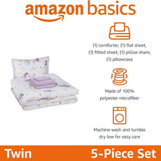 Amazon Basics Microfiber Kid's Bed-in-a-Bag 5 Piece Comforter Bedding Set, Twin, Unicorn Print
