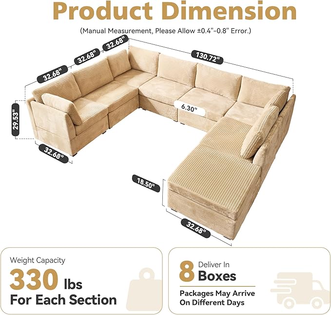 Large 8 Seat Modular Sectional Sofa with Ottoman Seat Corduroy Sleeper Sectional Sofa Bed Oversized Convertible Modular Couch for Living Room