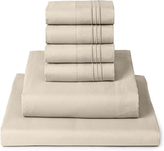 Mellanni California King Sheet Set - 6-Piece Iconic Collection Bedding, (Including 4 Pillowcases), 16-Inch Deep Pocket, Easy Care, Extra Soft, Cooling Sheets, Brushed Microfiber - Beige