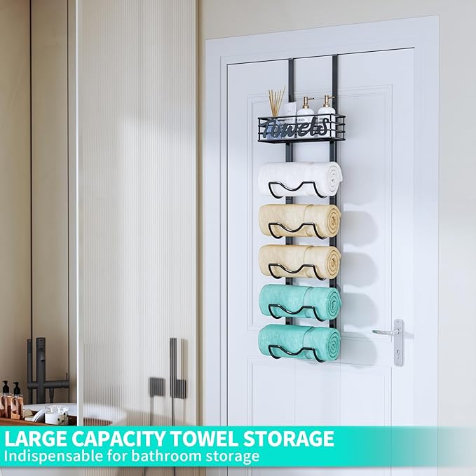 HapiRm Over The Door Towel Rack - 6 Tier Wall Mount Rolled Towel Holder Storage Organizer Shelf with Storage Basket for Small Bathroom, Rv, Camper - Black
