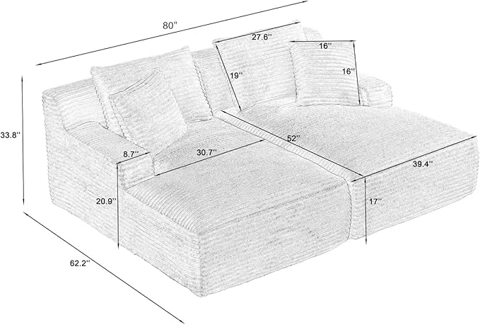 80 Inch Double Chaise Lounge Chair Indoor, Oversized Sectional Corduroy Upholstered Boneless Sofa Bed, Deep Seat Sleeper Loveseat Reading Chairs, Cloud Sofas Couches, No Assembly Required (Black)