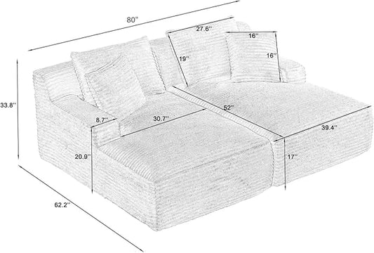 80 Inch Double Chaise Lounge Chair Indoor, Oversized Sectional Corduroy Upholstered Boneless Sofa Bed, Deep Seat Sleeper Loveseat Reading Chairs, Cloud Sofas Couches, No Assembly Required (Black)