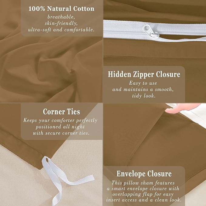 100-Percent Cotton Duvet Cover Set, Hidden Zipper Closure, Ultra Soft, Easy Care and Durable, Simple Bedding Style, Queen, Light Brown (Comforter Not Included)