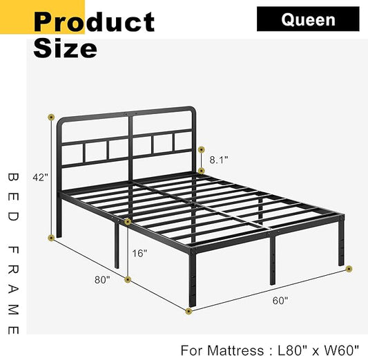 16 Inch Queen Bed Frame with Headboard No Box Spring Needed, Heavy Duty Metal Queen Size Platform with Steel Slat, Mattress Foundation, Easy Assembly, No Noise, Black
