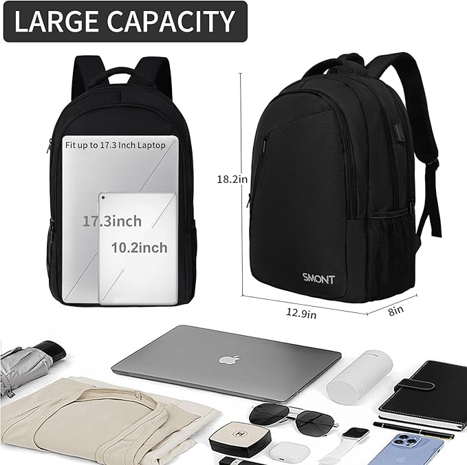 SMONT Large Laptop Backpack for Men, 17" Mens Business Bookbag for Computer Office Tech Commuter Work Black