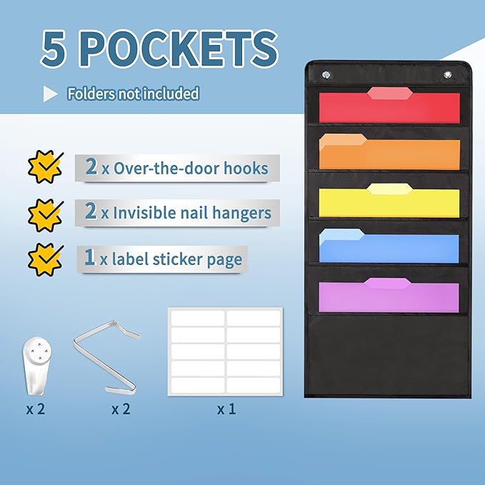 Annecy 5 Pockets Hanging Wall File Organizer, Black Storage Pocket Chart for File Folder and Paper, Space Saver for Office and Classroom, with Wall Hangers, Over The Door Hooks, Labels