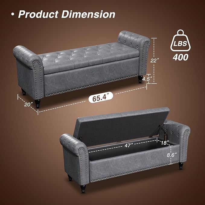 65 Inch Bedroom Bench, End of Bed Bench with Storage, Bed Benches for Foot of Bed, Faux Leather Window Bench with Tufted Button and Nailhead Trim, Upholstered Storage Bench with Rolled Arms, Gray