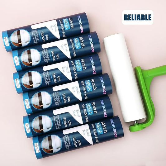 10 inch Mega Lint Roller Refills Compatible with Evercare Smart Design Layers Large Mega Lint Rollers and More, 50% More Pickup, 60 Sheets per Refill, Pack of 6, 360 Sheets Total