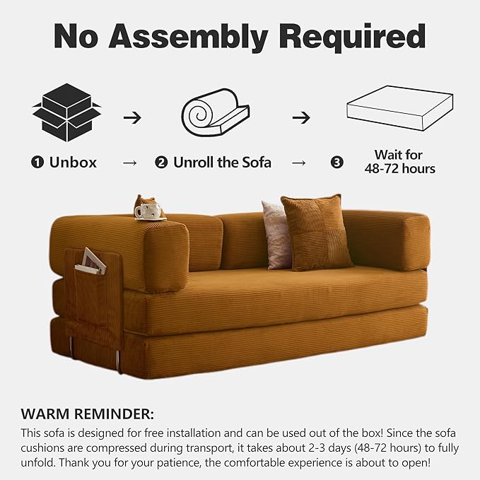 78.8" Convertible Sofa Bed - Compression Sofa with Corduroy Fabric - with Armrests and Backrest - Modular Sectional for Living Room, Bedroom, Studio - Compression Sofa in Box (Yellow)