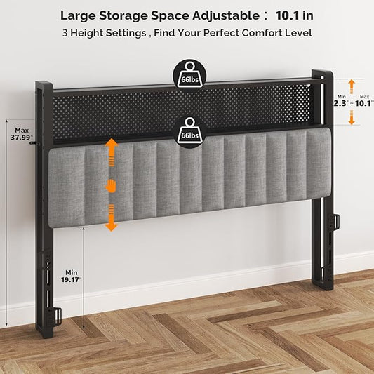 VINGLI Full Size Headboard Only, Adjustable Upholstered Headboard with 2 Tier Shelves and Pegboard with Charging Stations and LED Lights, Modern Bed Headboard with Storage for Bedroom Decor