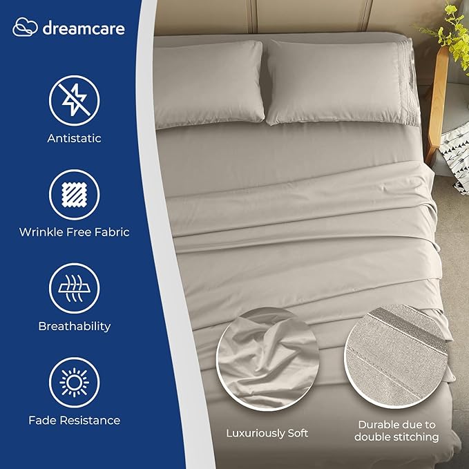 DREAMCARE Queen Sheet Set – 4 pcs Cooling Sheets – up to 21” Extra Deep Pocket Queen Sheets – Hotel Luxury Sheets & Pillowcases – Superior Softness 100% Fine Microfiber with Side Pocket – Ivory