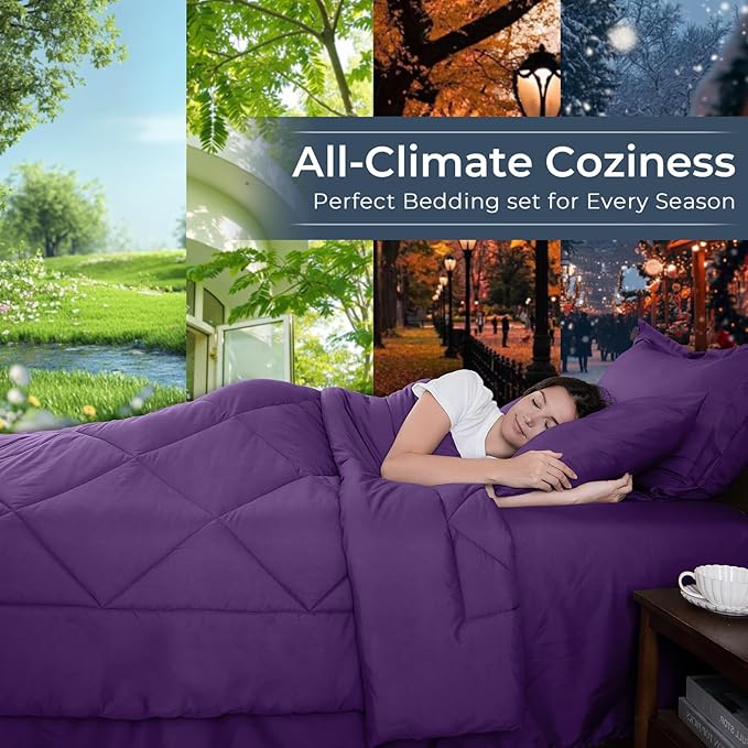 HEVUMYI Purple Cali-King Comforter Set - 7-Piece All Season Bed in a Bag Cali-King, Ultra Soft Bedding Set with Comforter, Flat Sheet, Fitted Sheet, Pillowcases, Pillow Shams