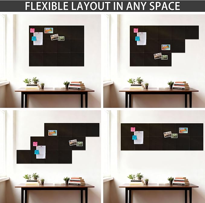 12 Pack Cork Boards for Walls, 48" x 36" Large Felt Wall Tiles, Black Bulletin Board Paper with Safe Removable Adhesive Tabs, Pin Corkboard for Office Home Decor